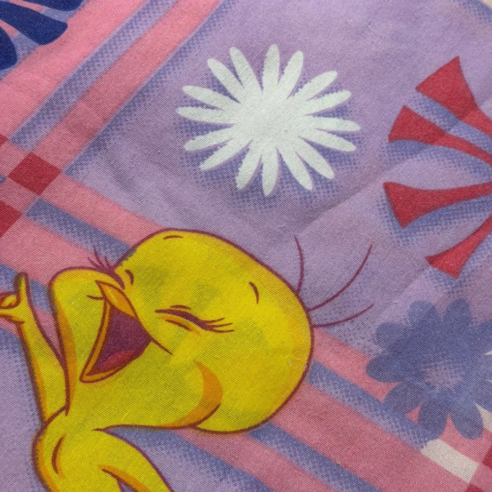 Vintage Warner Bros Tweety Bird Flat Sheet 2003 Looney Tunes Plaid Floral Purple
